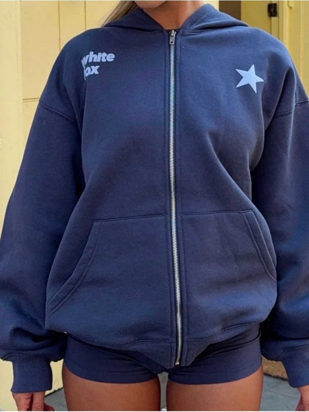 White Fox Boutique Navy Zip-Up Hoodie with Star Graphic